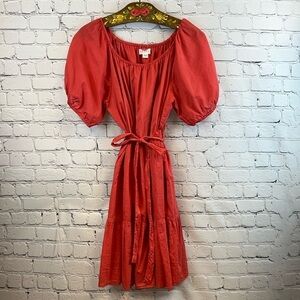 VELVET Watermelon Red Cotton Tiered Dress Puff Sleeve L